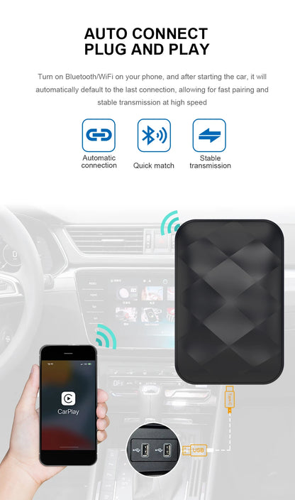 XUDA Android14 sans fil CarPlay/Android Auto 3in1 nouveau CarPlay Ai Box 4 cœurs 4GB RAM + 64GB ROM Plug and Play Transmission Stable