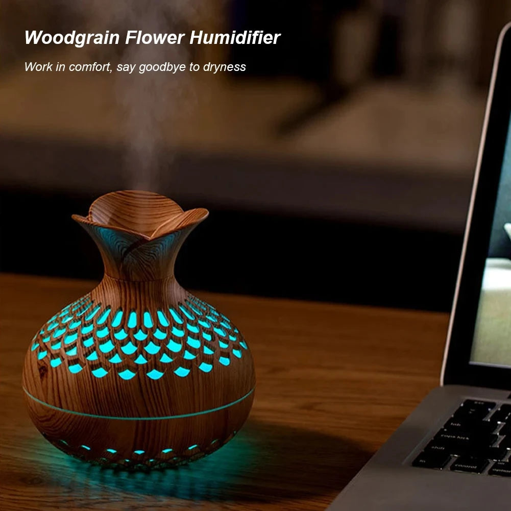 Humidificateur Design Bois 300ml — LED Multicolore, 2 Modes de Brume & USB Type-C