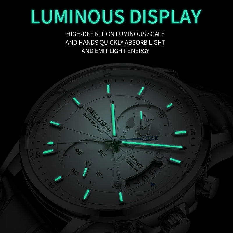 Montre Homme CHENXI B-576 — Chronographe Quartz, Bracelet Cuir, Aiguilles Lumineuses