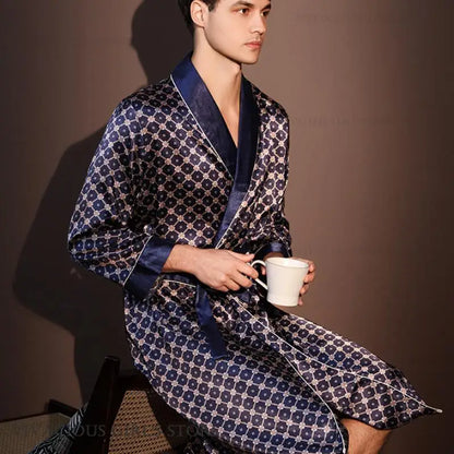 Kimono Peignoir Satin Imprimé Homme — Robe de Chambre avec Poches, Col en V