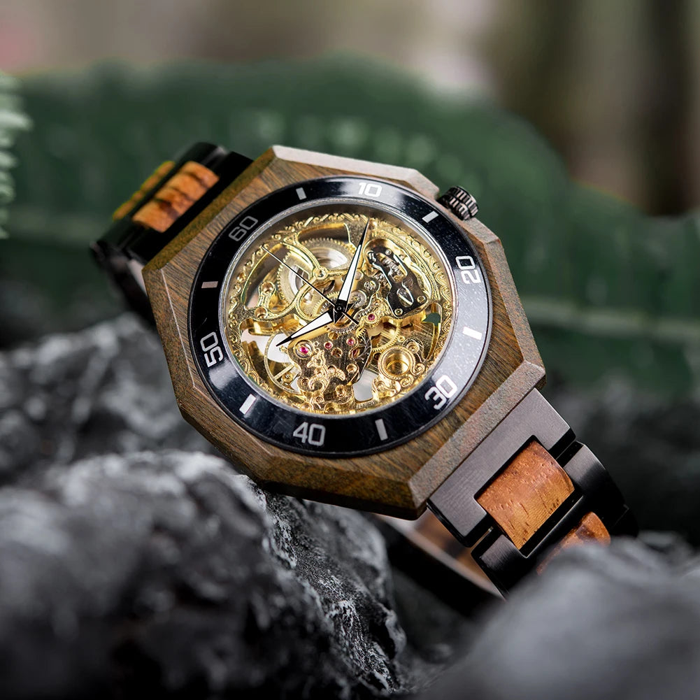 Montre Mécanique en Bois Homme BOBO BIRD — Squelette Lumineux, Étanche 3 ATM, Gravure Personnalisée, 6 Modèles | TechNova X