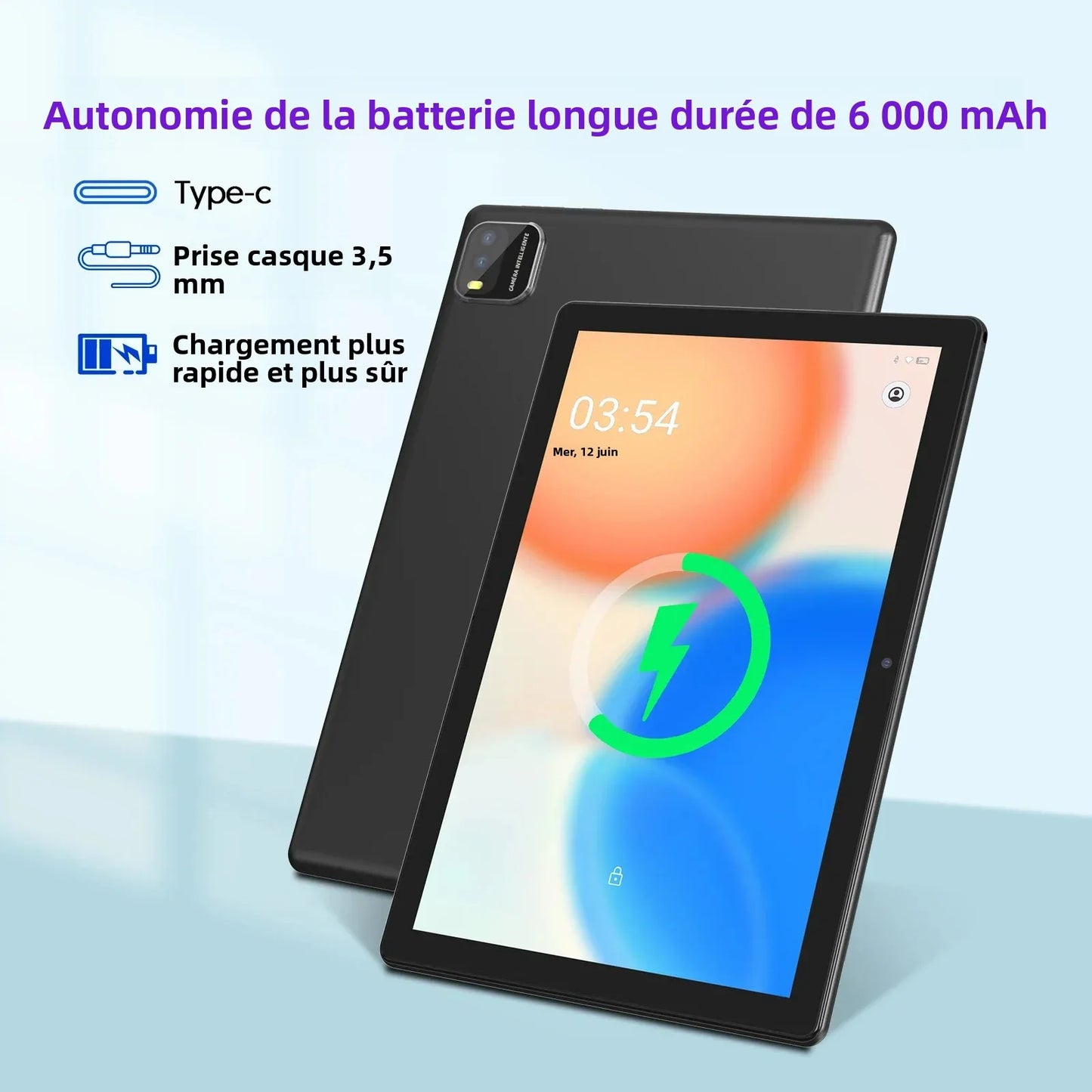 Tablette BAKEN Android 15, 10 pouces, 12 (3+9) Go de RAM + 64 Go de ROM, quad-core, batterie 6000 mAh, comprend un étui de protection gratuit