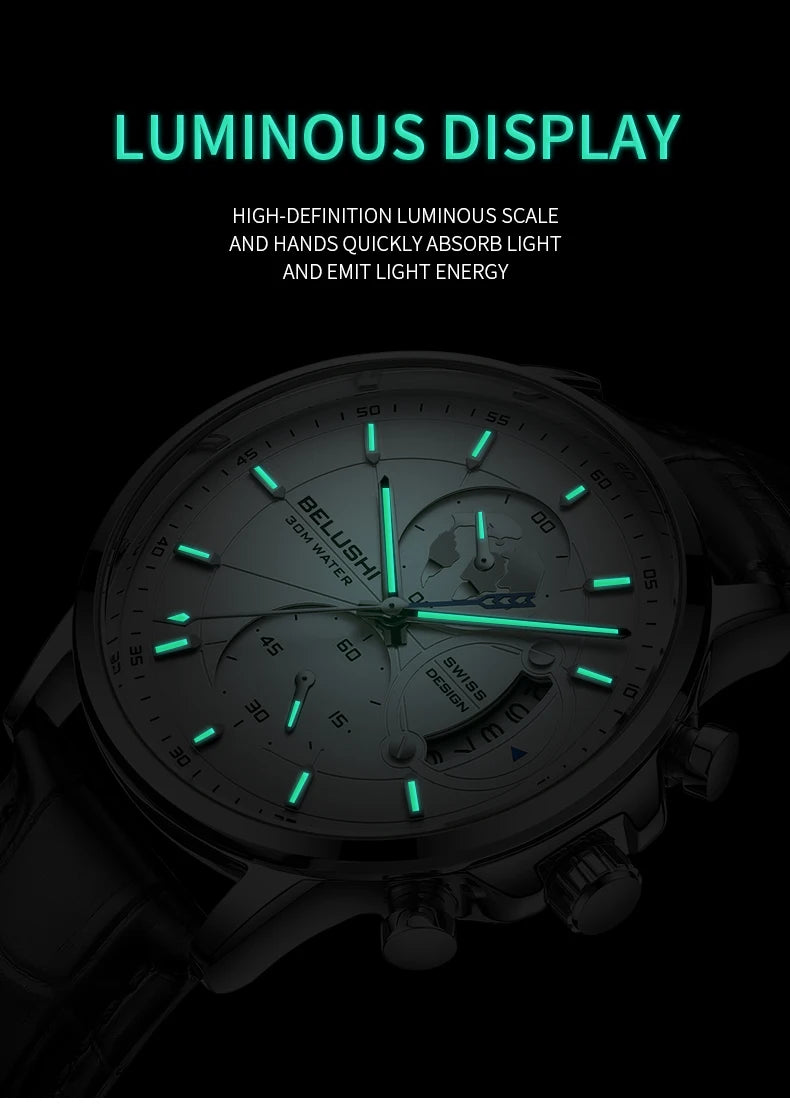 Montre Homme CHENXI B-576 — Chronographe Quartz, Bracelet Cuir, Aiguilles Lumineuses