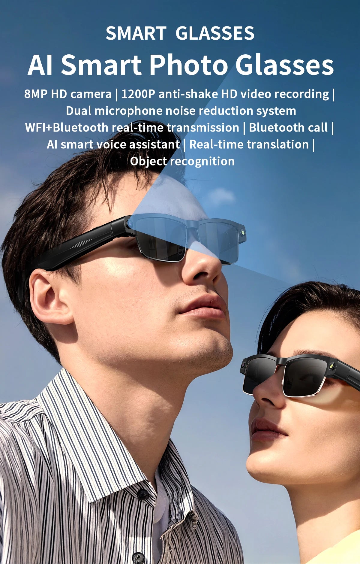 LIGE 800W HD Camera Smart Glasses 1200P HD Video Recording Chat Translation Voice Control Calling Sunglasses Color-Changing Lenses