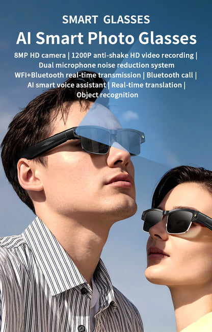 LIGE 800W HD Camera Smart Glasses 1200P HD Video Recording Chat Translation Voice Control Calling Sunglasses Color-Changing Lenses