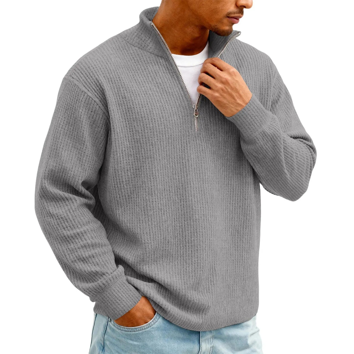 Sweat Col Polo Homme — Manches Longues, Fermeture Éclair, Coupe Ample | Automne-Hiver