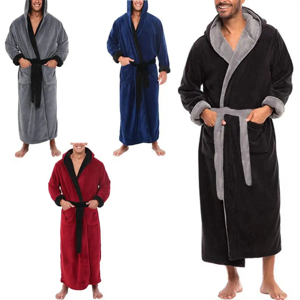 Peignoir Polaire Corail Homme — Robe de Bain Longue avec Poches, Automne-Hiver