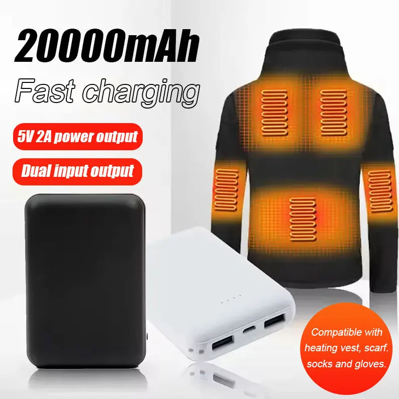 Chargeur USB Portable 20000mAh, charge rapide, batterie externe, gilet chauffant, veste, écharpe, chaussettes, équipement de gants, nouveau