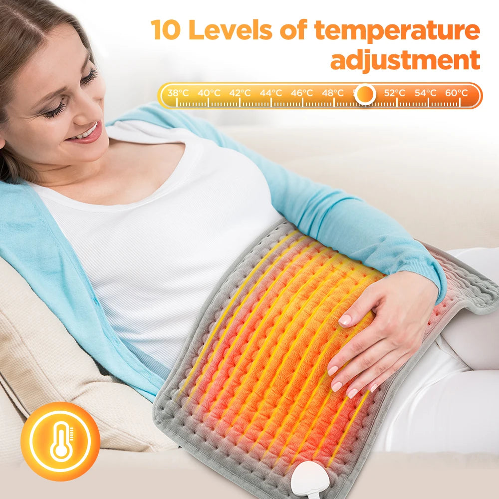 Coussin Chauffant Électrique 60x30cm — 10 Niveaux 30-70°C, Minuterie & Micro-Velours Lavable