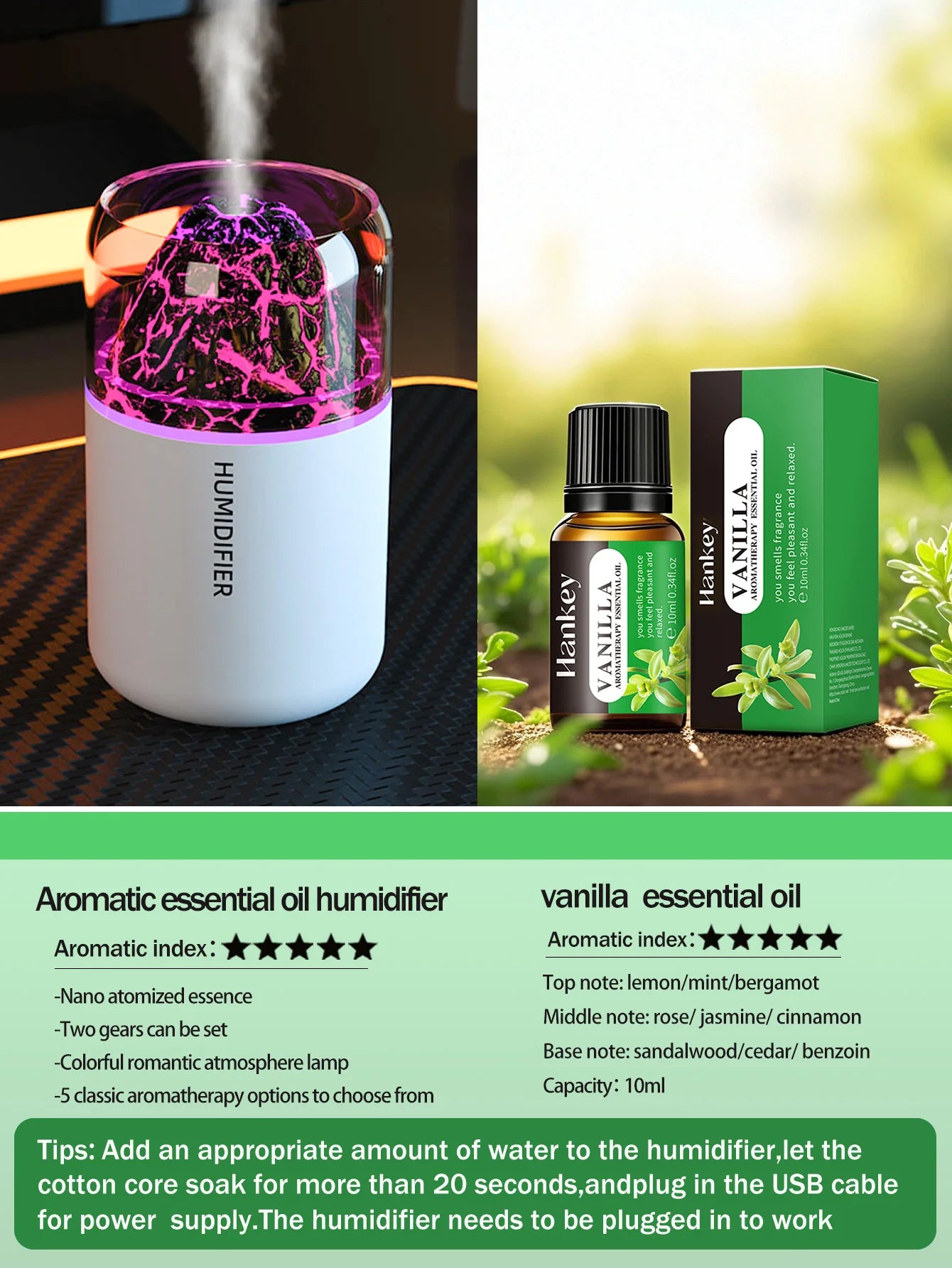 Diffuseur Aromathérapie USB Volcanique — Humidificateur & Veilleuse Colorée