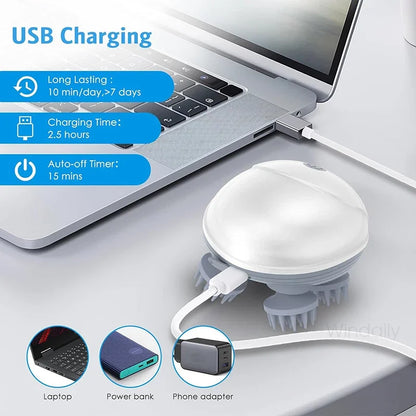 Masseur Électrique Cuir Chevelu Windaily — 4 Têtes, 3 Modes, IPX6 & Rechargeable