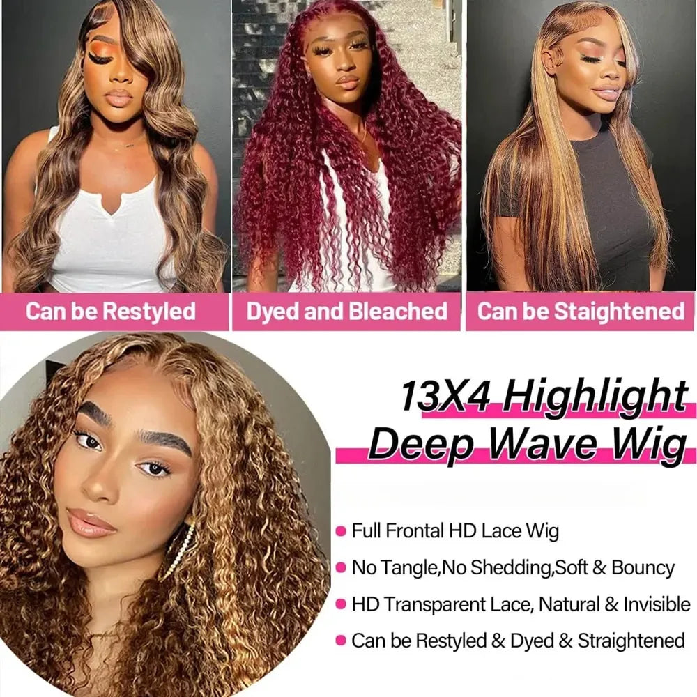Perruque Lace Frontal Wig naturelle bouclée à reflets, cheveux humains, 13x4, sans colle, HD, Deep Wave, 4/27, colorée, pre-plucked