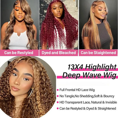 Perruque Lace Frontal Wig naturelle bouclée à reflets, cheveux humains, 13x4, sans colle, HD, Deep Wave, 4/27, colorée, pre-plucked