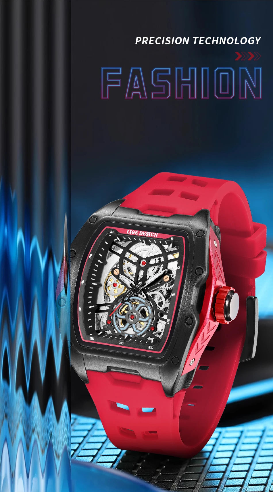 Montre Mécanique Homme Squelette — Boîtier Carré Acier, Automatique, Étanche 3 ATM, Bracelet Silicone | TechNova X