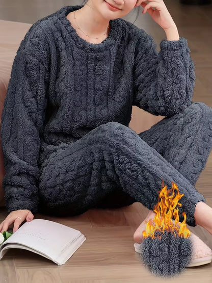 Ensemble Pyjama Flanelle Polaire Femme — Haut Col Rond & Pantalon Chaud