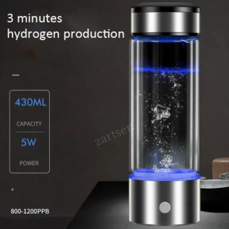 Bouteille Eau Hydrogène 430ml — Ioniseur Alcalin, Filtration 5 Étapes & Rechargeable USB