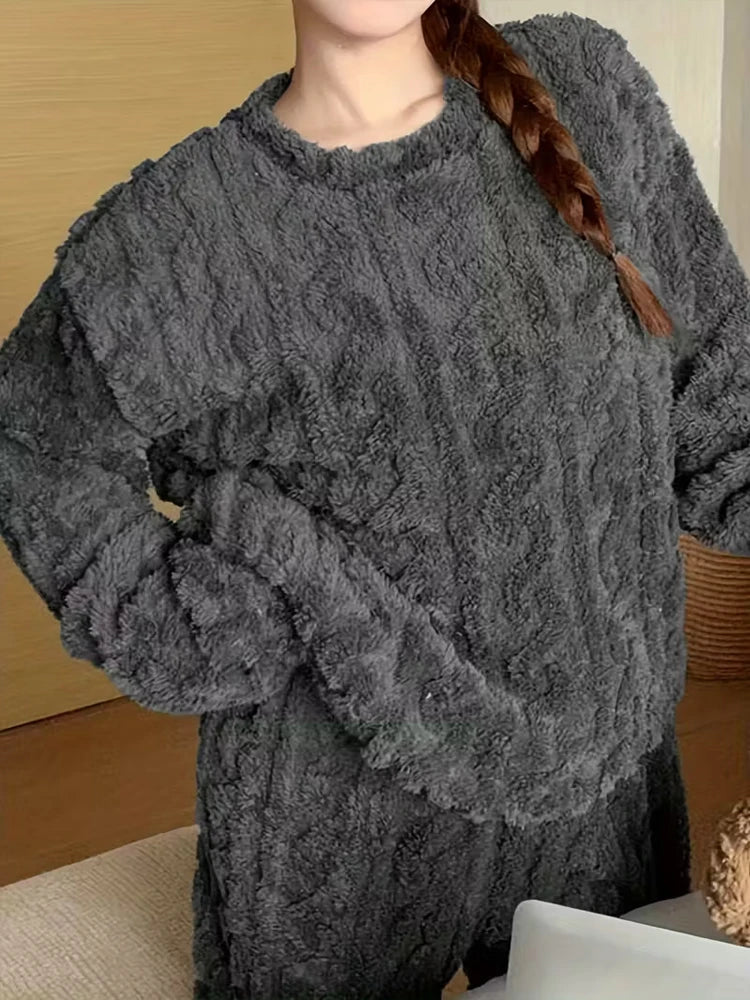 Ensemble Pyjama Flanelle Polaire Femme — Haut Col Rond & Pantalon Chaud