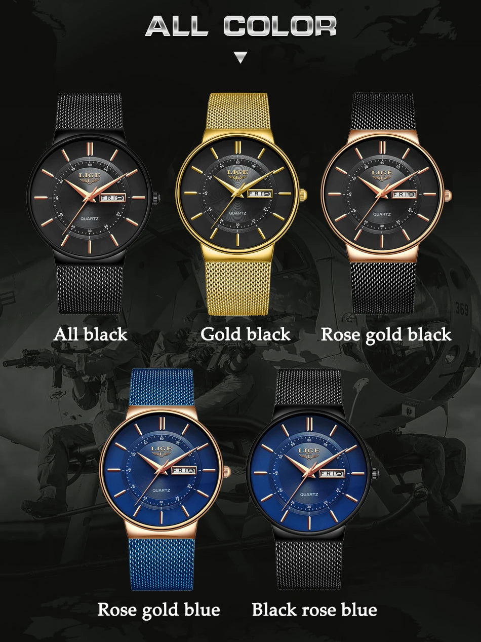 Montre Homme LIGE 9949 — Quartz Ultra-Fine, Bracelet Acier Inox, Date & Semaine, 3 ATM