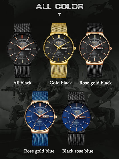 Montre Homme LIGE 9949 — Quartz Ultra-Fine, Bracelet Acier Inox, Date & Semaine, 3 ATM