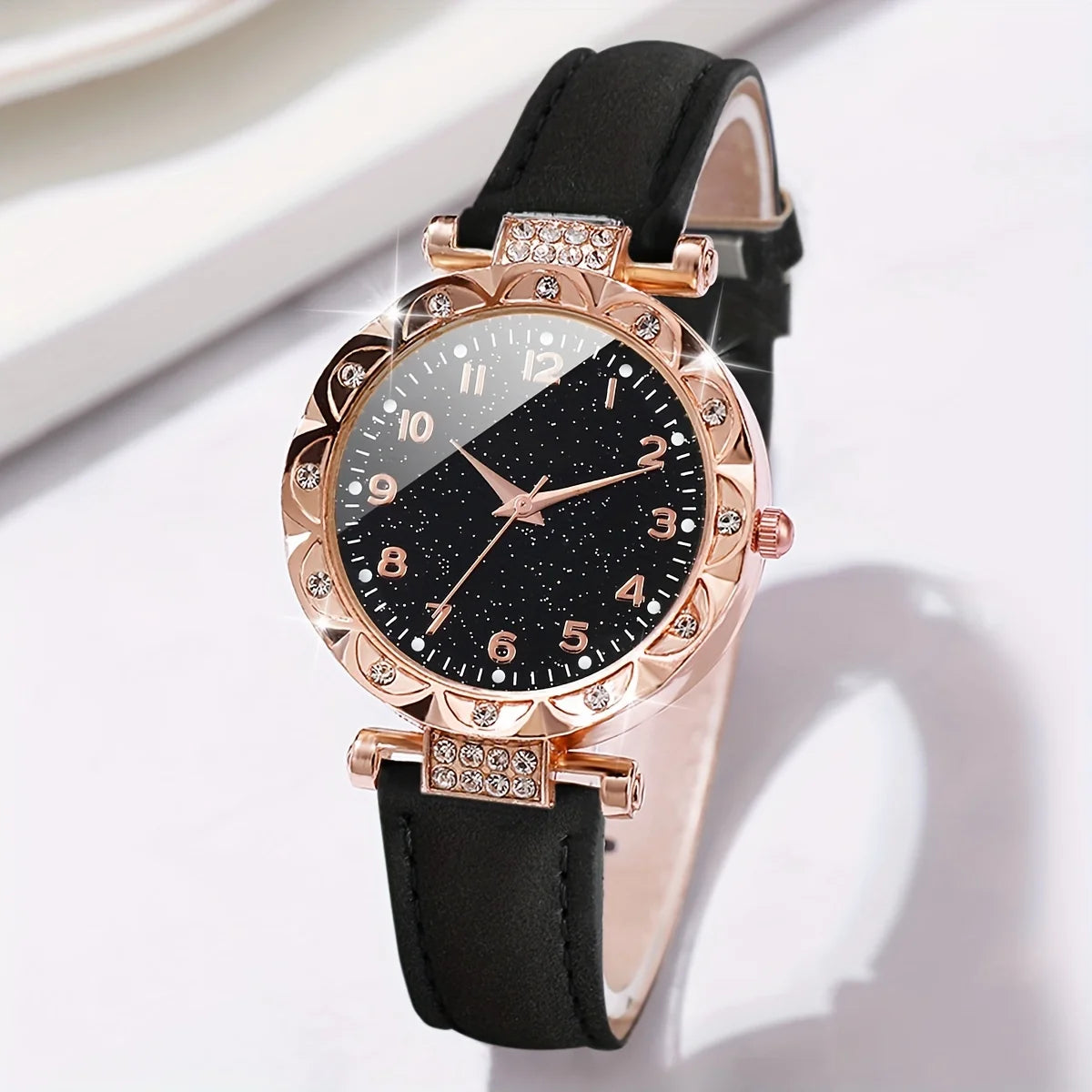 Coffret 2 Pièces Femme Strass — Montre Quartz Bracelet Cuir PU & Bracelet Cœur Assorti