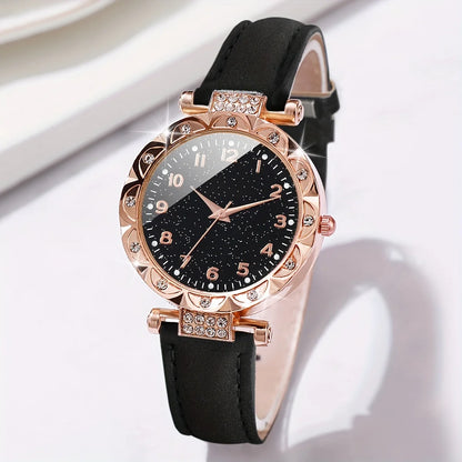 Coffret 2 Pièces Femme Strass — Montre Quartz Bracelet Cuir PU & Bracelet Cœur Assorti