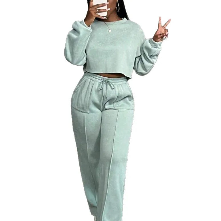 Ensemble deux pièces décontracté pour femme : Sweat-shirt ample à taille haute et pantalon droit – Collection Printemps-Automne