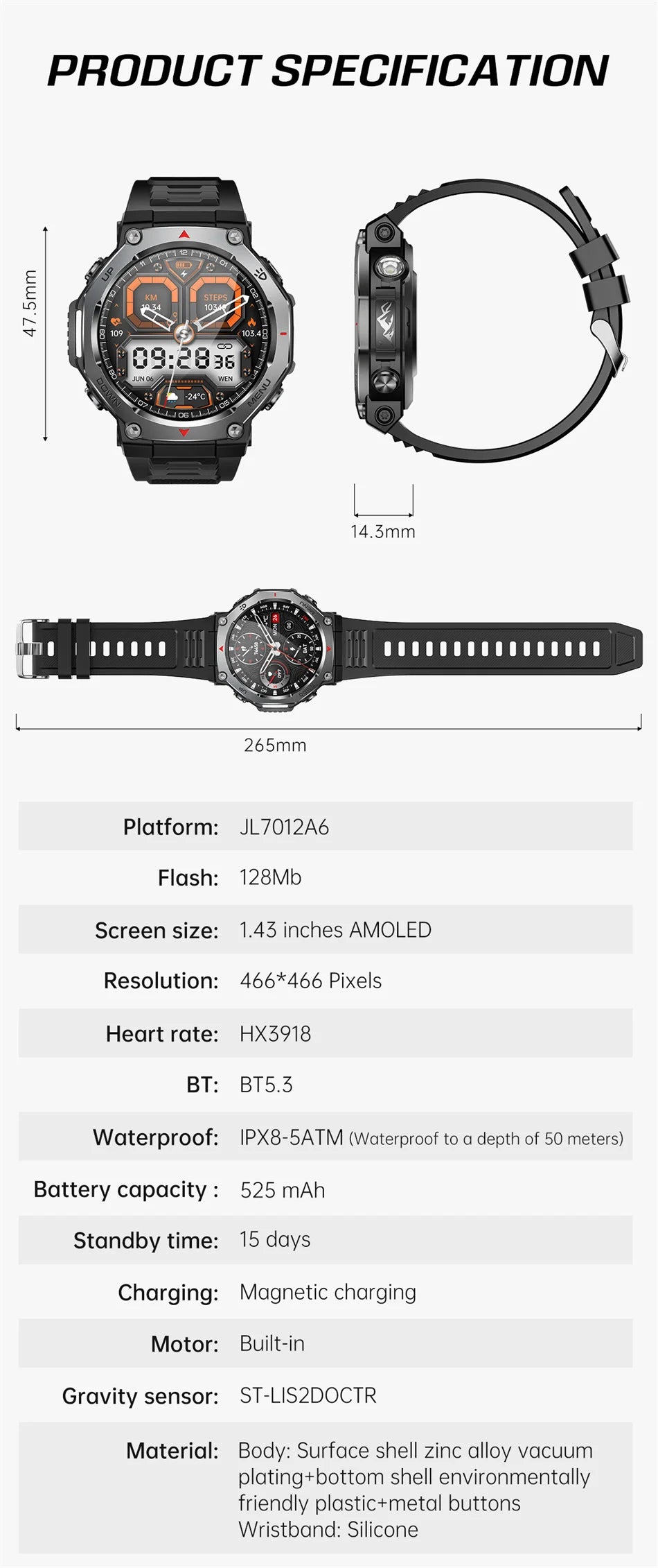 Montre Connectée Sport ZYKEXUAN T-Rex3 — AMOLED 1,43", Étanche 10 ATM, Boussole, Altimètre, 100+ Sports, 13 Coloris | TechNova X