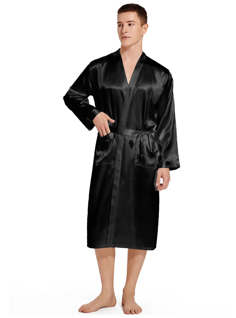 Kimono Peignoir Satin Homme — Robe de Chambre Ample Col en V