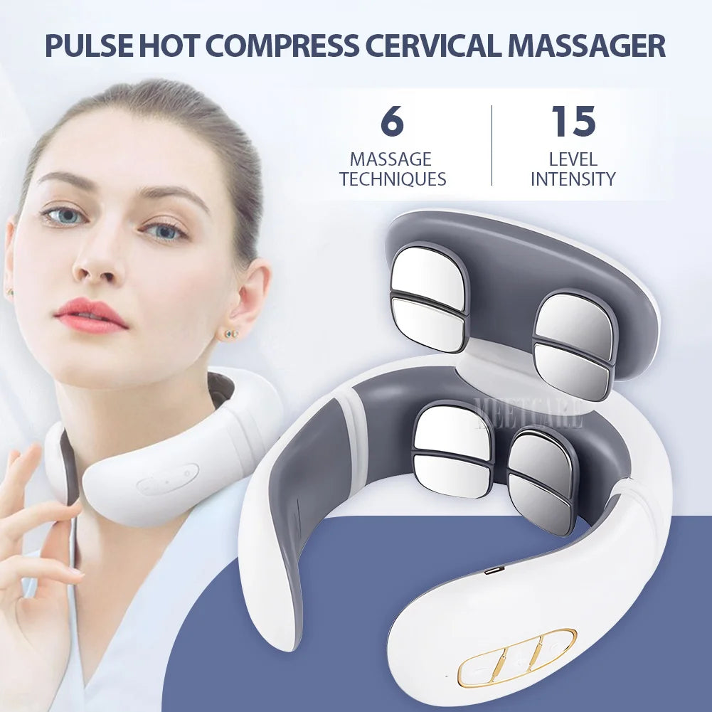 Smart Electric Neck and Back Massager, Rechargeable TENS, Hot Compression Massage, Cervical Vertebra Relaxation, Pain Kneading Therapy