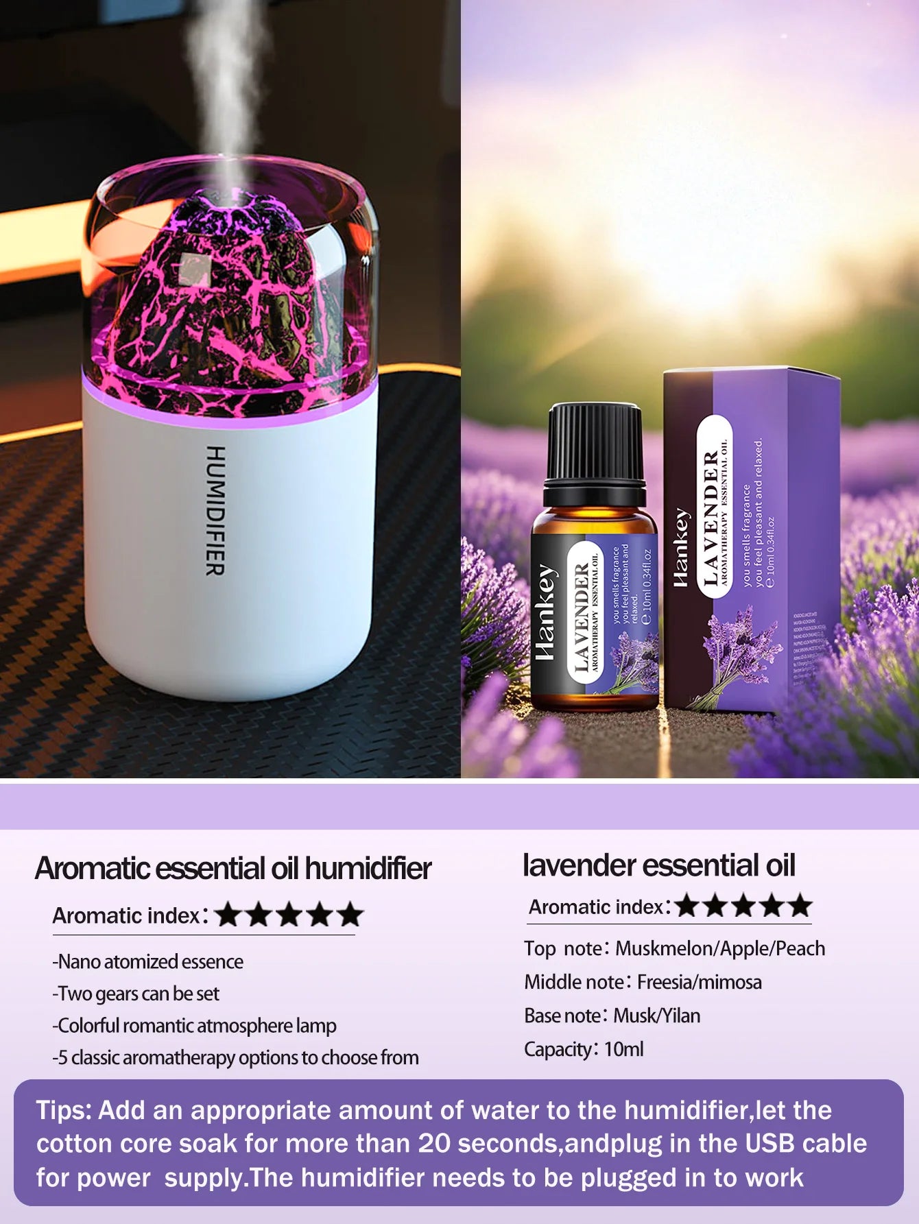 Diffuseur Aromathérapie USB Volcanique — Humidificateur & Veilleuse Colorée