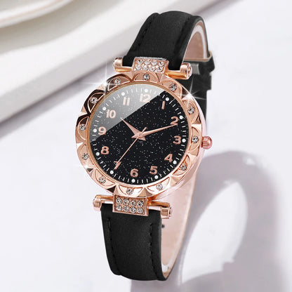 Coffret 2 Pièces Femme Strass — Montre Quartz Bracelet Cuir PU & Bracelet Cœur Assorti
