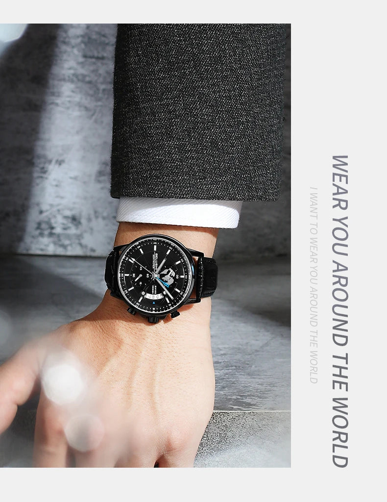 Montre Homme CHENXI B-576 — Chronographe Quartz, Bracelet Cuir, Aiguilles Lumineuses