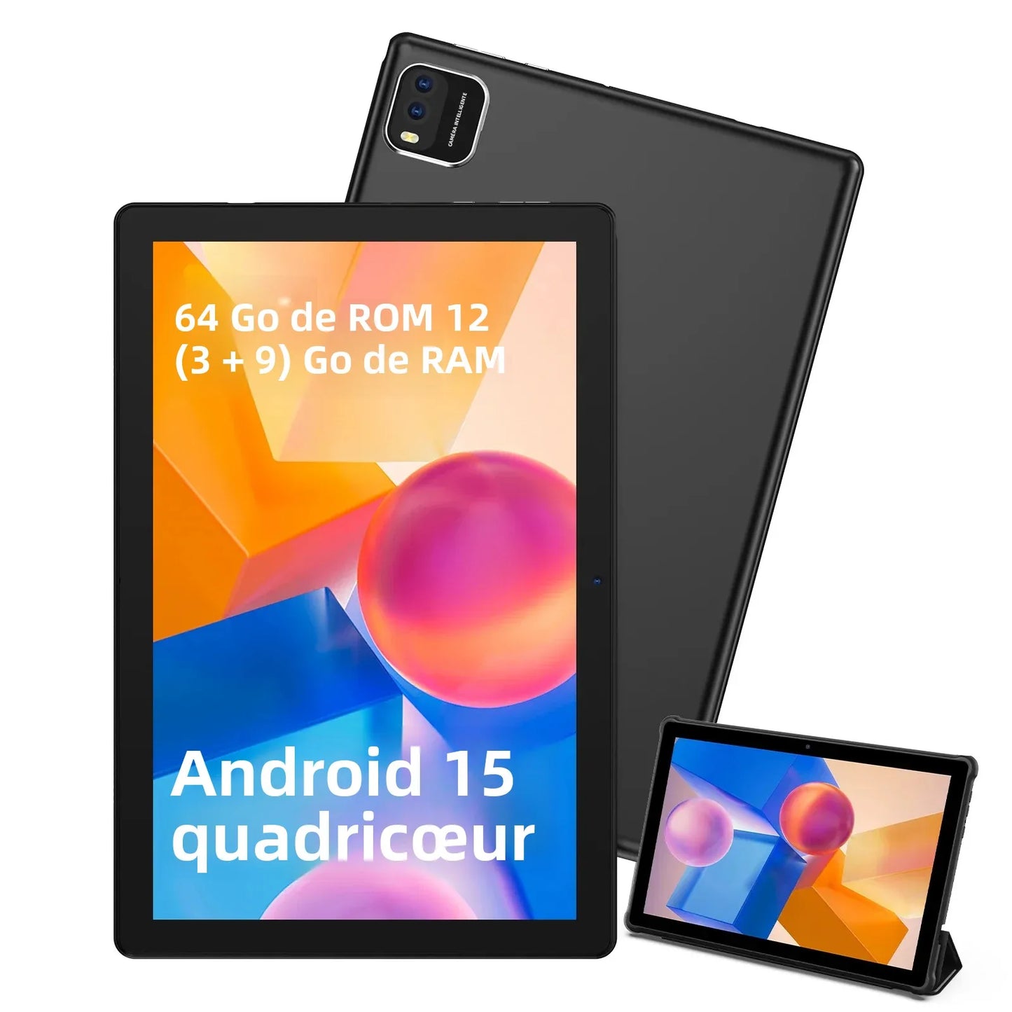 Tablette BAKEN Android 15, 10 pouces, 12 (3+9) Go de RAM + 64 Go de ROM, quad-core, batterie 6000 mAh, comprend un étui de protection gratuit
