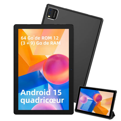 Tablette BAKEN Android 15, 10 pouces, 12 (3+9) Go de RAM + 64 Go de ROM, quad-core, batterie 6000 mAh, comprend un étui de protection gratuit