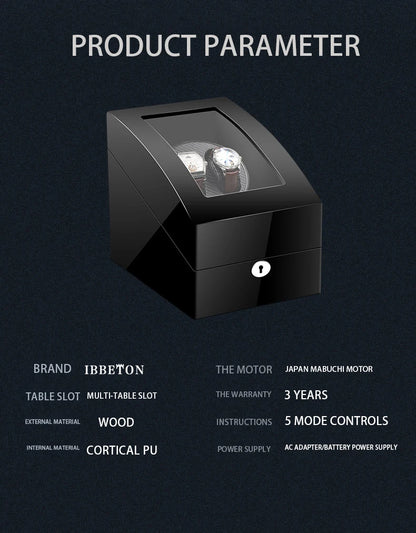 Remontoir de Montre IBBETON — Fibre de Carbone & Bois, Moteur Mabuchi Silencieux, LED