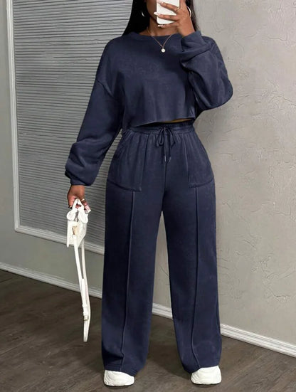 Ensemble deux pièces décontracté pour femme : Sweat-shirt ample à taille haute et pantalon droit – Collection Printemps-Automne