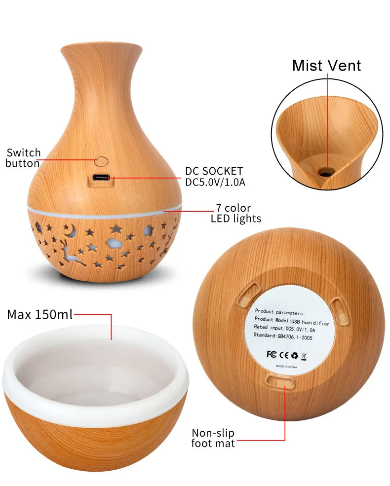 Mini Humidificateur Vase Design Bois 150ml — LED 7 Couleurs, Aromathérapie & USB 5V