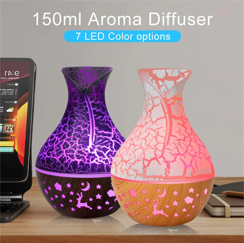 Mini Humidificateur Vase Design Bois 150ml — LED 7 Couleurs, Aromathérapie & USB 5V
