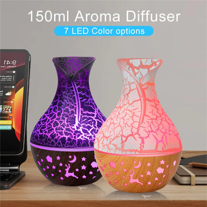 Mini Humidificateur Vase Design Bois 150ml — LED 7 Couleurs, Aromathérapie & USB 5V