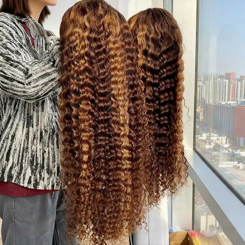 Perruque Lace Frontal Wig naturelle bouclée à reflets, cheveux humains, 13x4, sans colle, HD, Deep Wave, 4/27, colorée, pre-plucked
