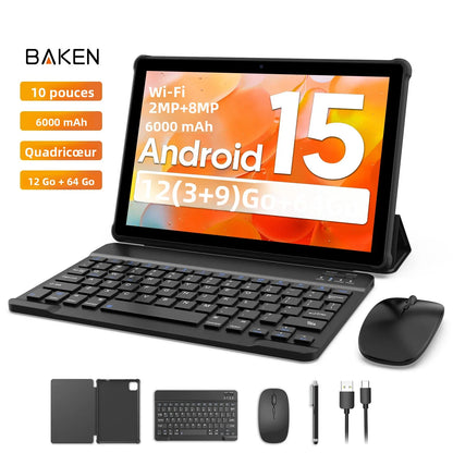 Tablette BAKEN Android 15, 10 pouces, 12 (3+9) Go de RAM + 64 Go de ROM, quad-core, batterie 6000 mAh, comprend un étui de protection gratuit