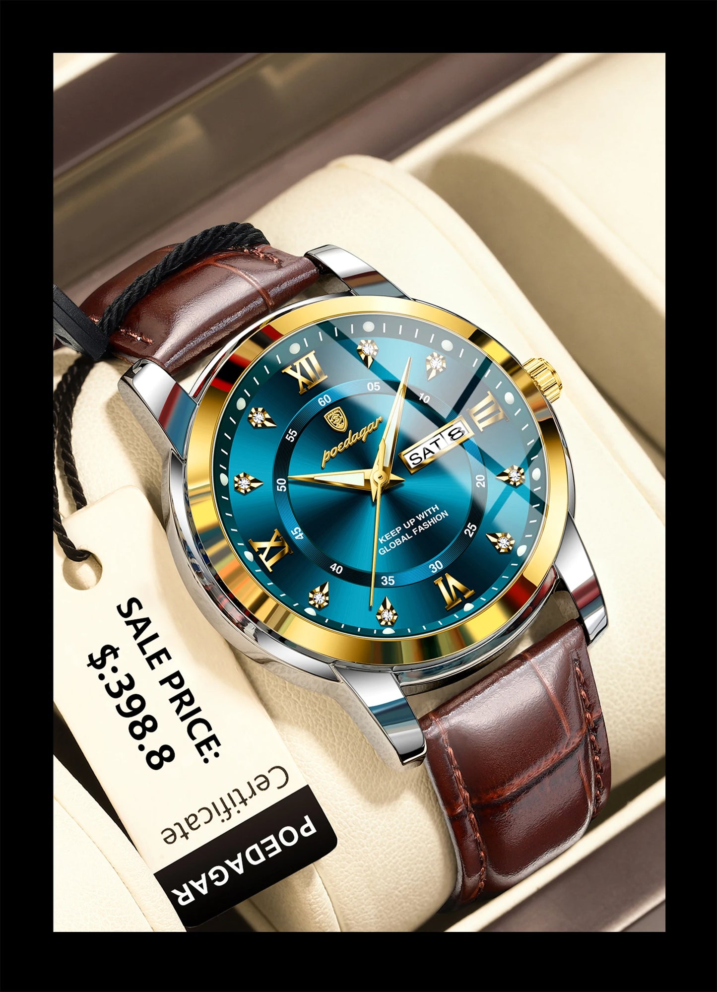 Montre Homme POEDAGAR 936L — Quartz, Bracelet Cuir, Lumineux, Date & Semaine