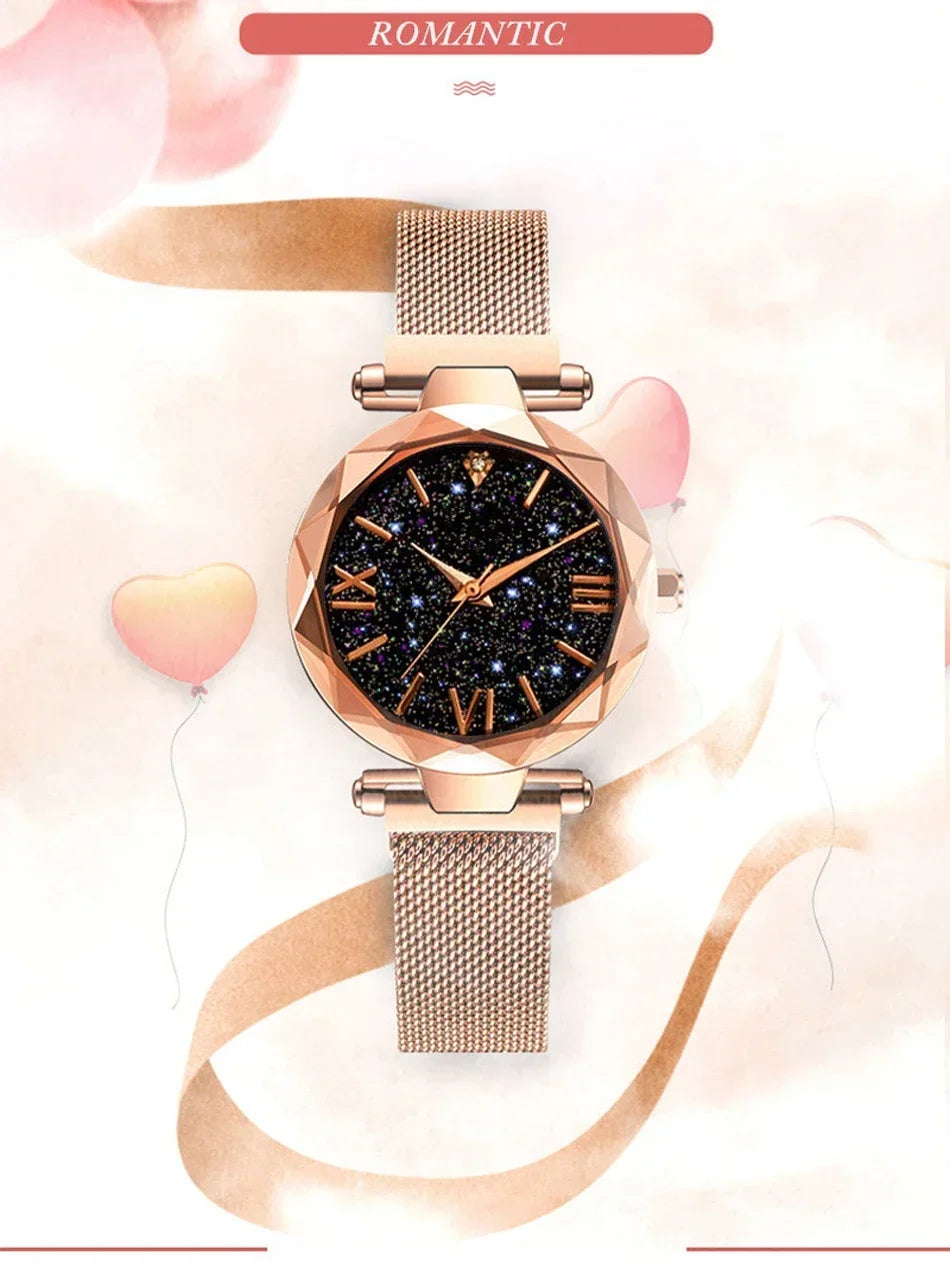 Montre Quartz Femme RUNERR — Cadran Ciel Étoilé 33 mm, Bracelet Magnétique Maille Acier Ajustable, Lumineux, 5 Coloris | TechNova X
