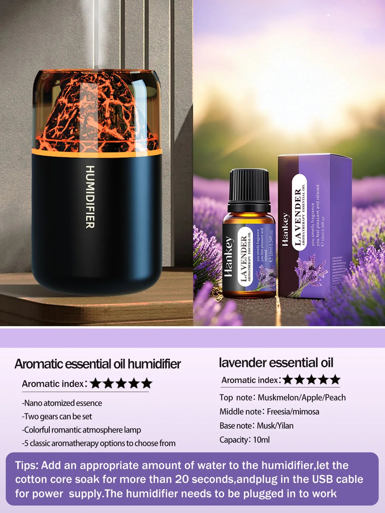 Diffuseur Aromathérapie USB Volcanique — Humidificateur & Veilleuse Colorée