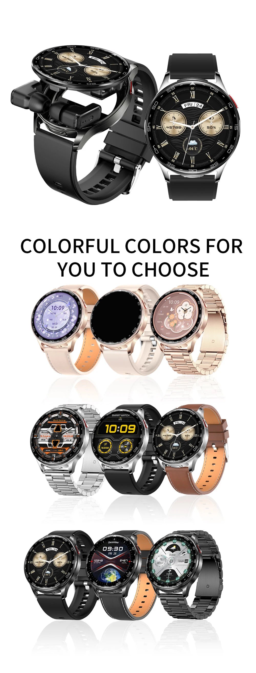 Montre Connectée 2-en-1 avec Écouteurs TWS Intégrés — Écran 1,39", IP67, BT 5.0, Suivi Santé Complet, 3 Coloris | TechNova X