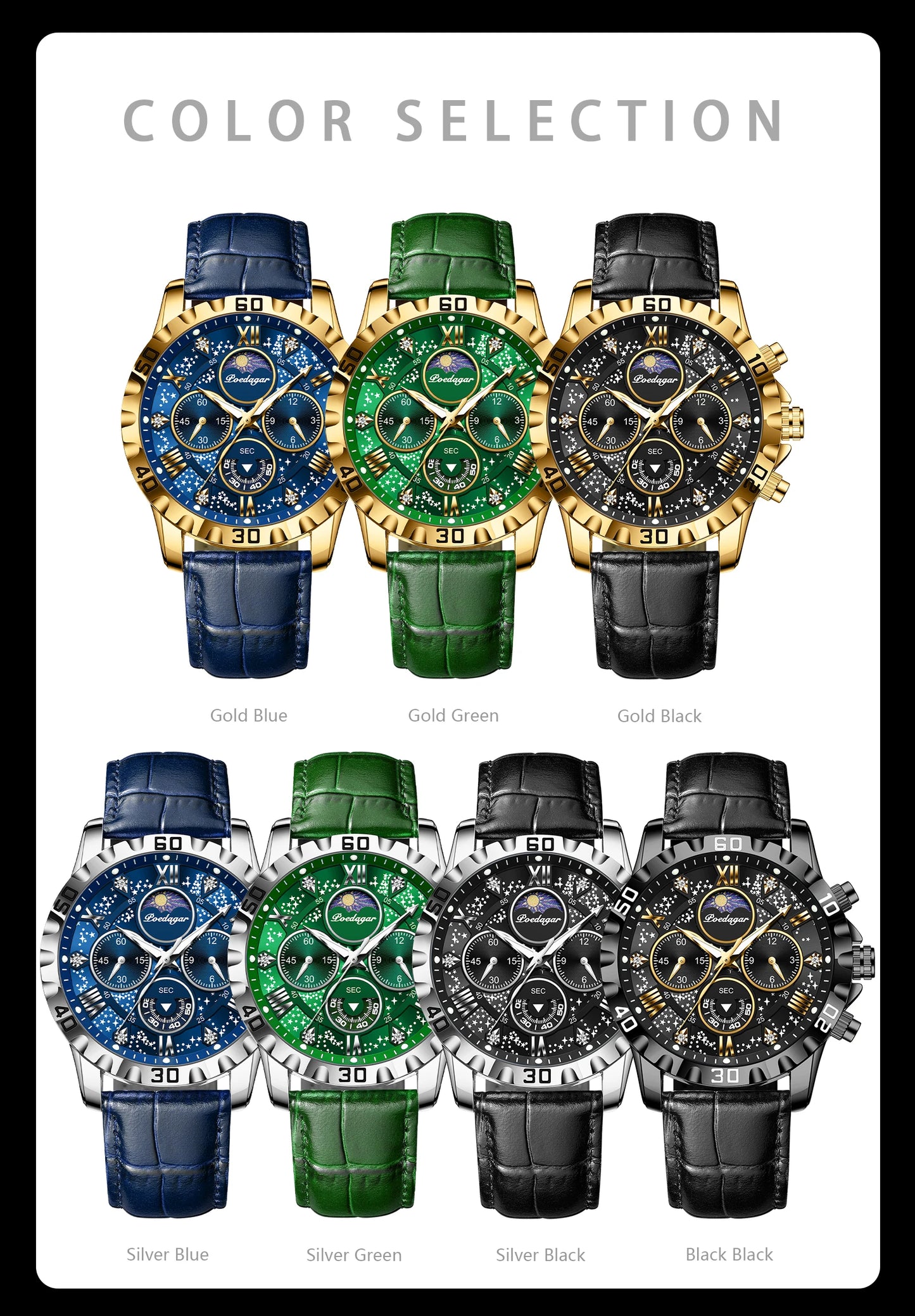 Montre Quartz Luxe Homme POEDAGAR 973 — Chronographe Lumineux, Verre Saphir, Bracelet Cuir, 3 ATM, 7 Coloris | TechNova X
