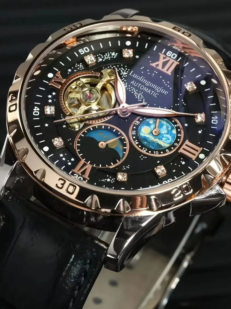 Montre Mécanique Automatique BLUO — Cadran Ciel Étoilé Lumineux, Chiffres Romains, Style Business