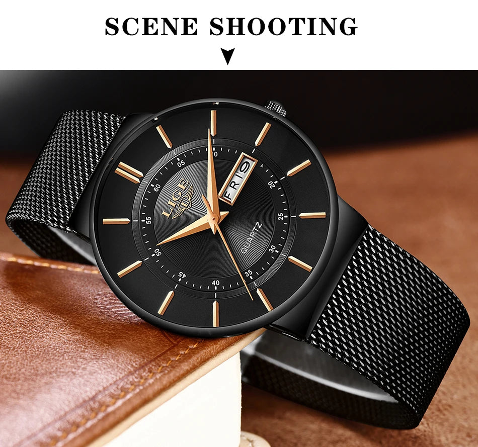 Montre Homme LIGE 9949 — Quartz Ultra-Fine, Bracelet Acier Inox, Date & Semaine, 3 ATM