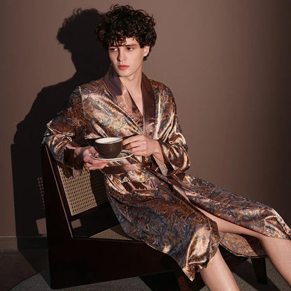 Kimono Peignoir Satin Imprimé Homme — Robe de Chambre avec Poches, Col en V