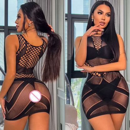 Robe courte en résille pour femmes, lingerie sexy, jupe ronde, vêtements de nuit, mini robe slim